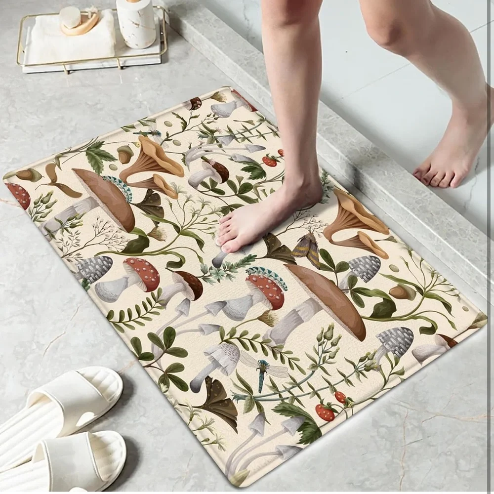 Botanical Mushroom Bath Mat - Neutral Forest Print, Memory Foam, NWOT